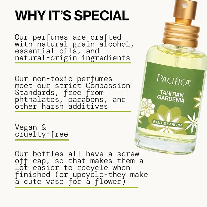 Pacifica Tahitian Gardenia Perfume Spray 1oz – Tropical Floral Fragrance with Gardenia Bloom, Jasmine & Sweet Orange, Warm Vanilla Coconut Notes, Vegan & Cruelty-Free Clean Perfume for Women
