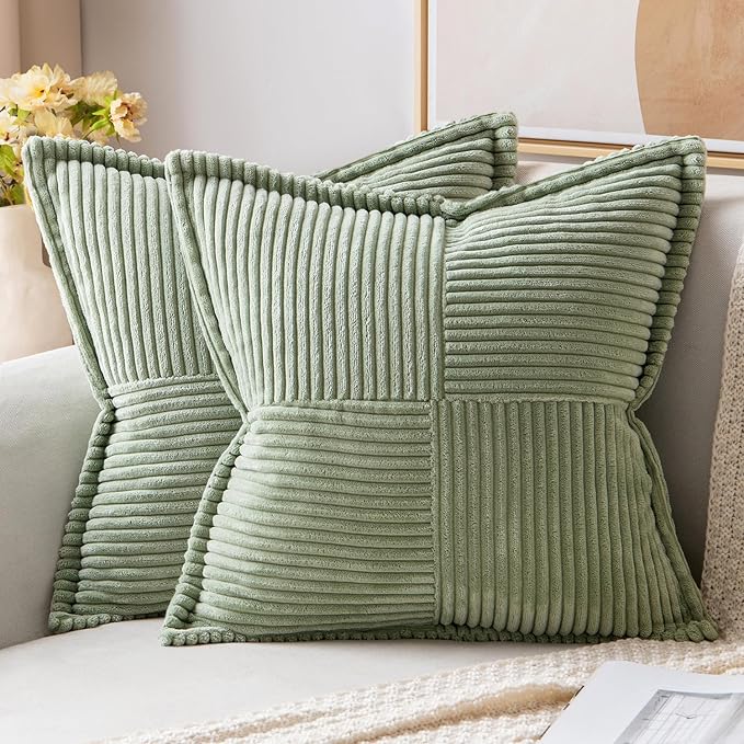MIULEE Decorative Throw Pillow Covers for Couch 18x18 Inch Sage Green | 2 Pack, Boho Broadside Striped Patchwork Pillow Covers, Soft Corduroy Cushion Cases, For Sofa Bed Livingroom Home Decor