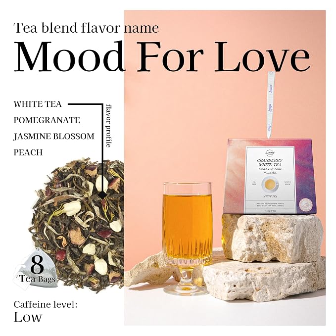 ALTDIF Cranberry White Tea Mood for Love Tea Bag Set – Sweet & Fragrant White Tea with Juicy Peaches and Jasmine Flowers – Luxury Herbal Tea Set for Relaxation & Romantic Moments - 8 Pyramid Teabags