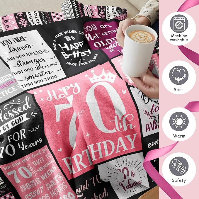 Ivivis 70th Birthday Gifts for Women, Happy 70th Birthday Decorations, 1956 Birthday Gifts for 70 Year Old Woman, Soft Flannel Pink Throw Blanket 60”X50”