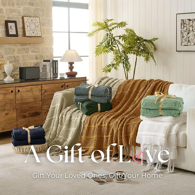 Boho Knitted Chenille Blanket with Tassels - Lightweight & Soft All-Season Throw - 3D Classic Pattern for Living Room Bedroom Couch, Royal Blue, Queen 90"x90"