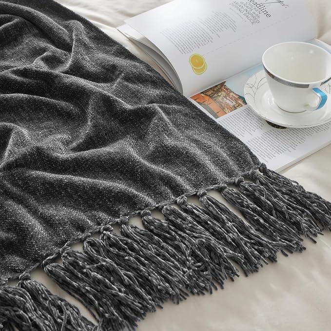 CozeCube Chenille Throw Blanket, Charcoal Grey Fringe Blanket, 60"X80" | For Couch, Cozy Plush Fuzzy Decorative Blanket with Fringe Tassels, Lightweight Throws for Bed Sofa Gift Home Decor
