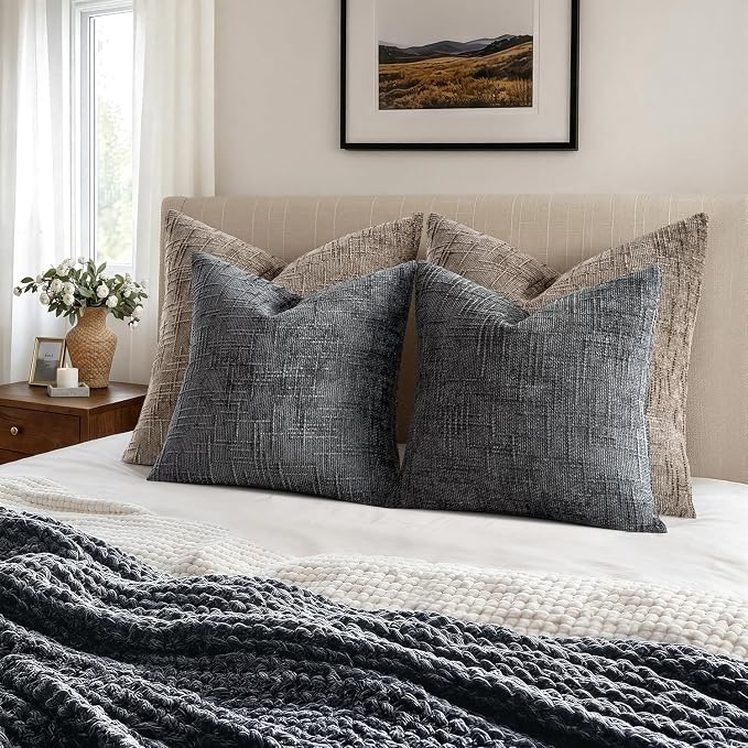 MIULEE Chenille Textured Throw Pillow Covers Dark Grey 18x18 Set of 2 | Slubby Decorative Pillows, Boho Farmhouse Home Decor, Modern Neutral Cushion Covers for Couch Sofa Bed Living Room