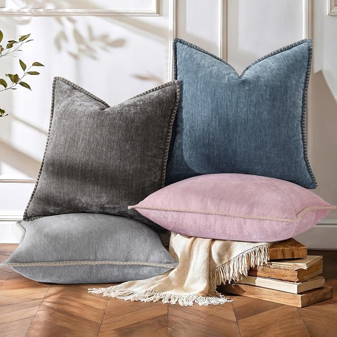 decorUhome Soft Chenille Throw Pillow Covers 20x20 Set of 2 Haze Blue | Fall Textured Decorative Throw Pillow Cases Stitched Edge Modern Farmhouse Luxury Boho Velvet for Couch Sofa Bed Home Decor