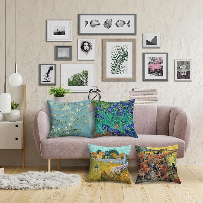 Van Gogh Painting Throw Pillow Covers 18x18 inch Set of 4 Irises Almond Blossom Impressionist Art Pillow Cases Modern Decorative Cushion Covers for Sofa Couch Living Room