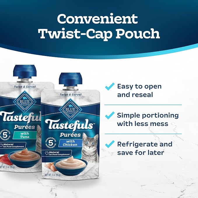 Blue Buffalo Tastefuls Purées Variety Pack, Natural Cat Food Complement, Resealable Twist Cap Pouches, Chicken and Tuna, 3-oz (Pack of 24), 12 of Each Flavor