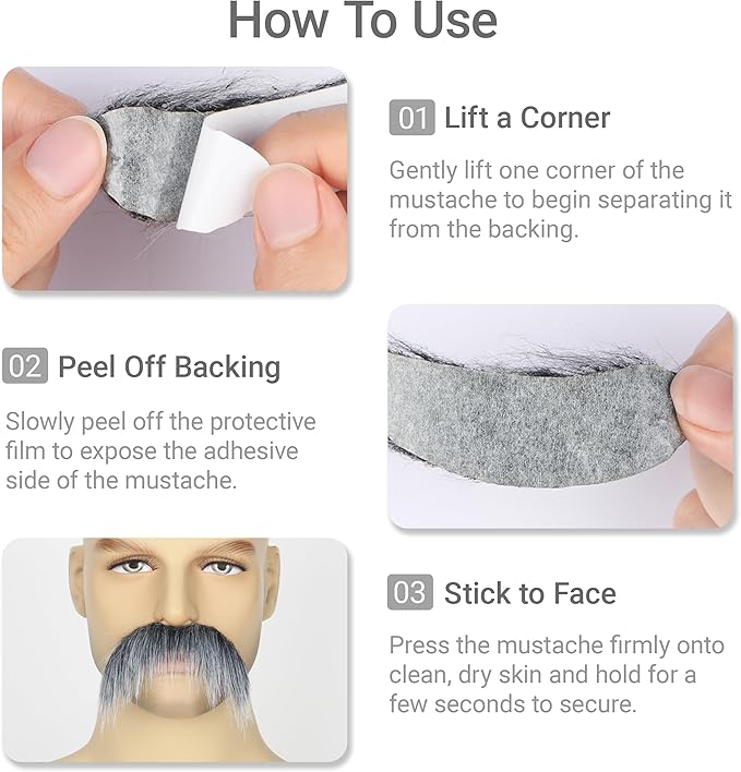 2Pcs Men Fake Mustache Realistic Mustaches Fake Facial Hair Beard for Cosplay Costume Halloween Parties