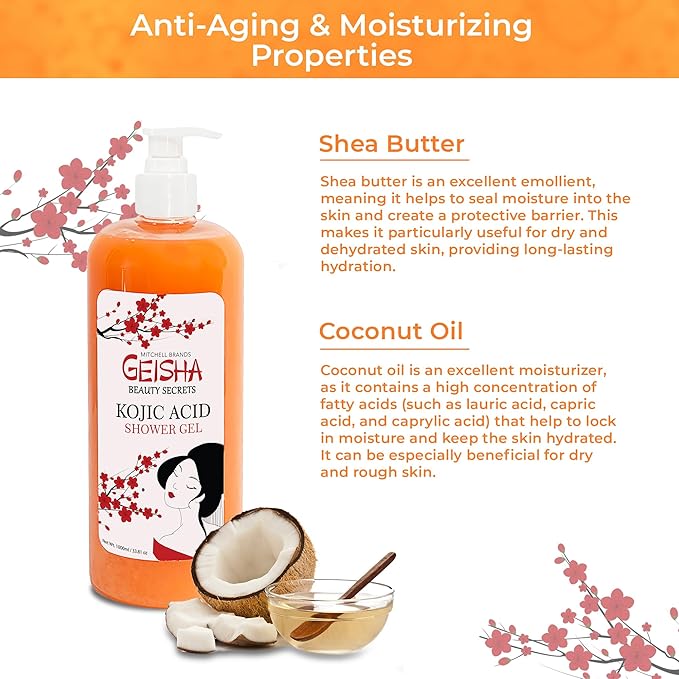OMIC Geisha, Kojic Acid Skin Brightening Body Wash - 33 Fl oz / 1000 ml - Even Out Tone, Radiance, Face and Body Shower Gel, with Coconut Oil and Shea Butter