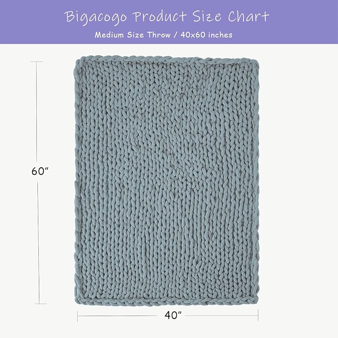 Bigacogo Chunky Knit Throw Blanket for Couch, 40x60 inches, Dusty Blue | Hand Knit with Jumbo Chenille, Soft Breathable Cable Knit for Sofa Bed Living Room, Machine Washable, Gift for Mom Friend
