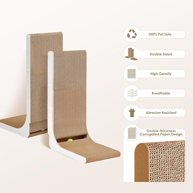 EHEYCIGA Cardboard Cat Scratcher for Indoor Cats, 26.8 Inch, White | L Shaped Scratching Post, Vertical Cat Scratching Board with Ball Cat Toy, Furniture Protector, Large Cat Scratch Pad