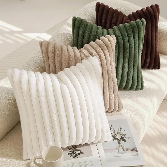 decorUhome Fall Faux Fur Throw Pillow Covers 22x22 Set of 2 Olive Green | Decorative Soft Cozy Striped Plush Modern Farmhouse Boho Couch Pillow Cases Velvet Back for Sofa Bed Living Room Home Decor