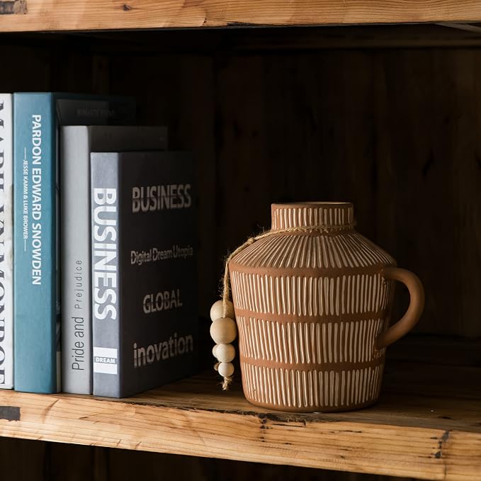Mowtanco Rustic Farmhouse Vase with Handle and Boho Wooden Beads - Terracotta Vase with Vertical Stripes for Vintage Home Decor