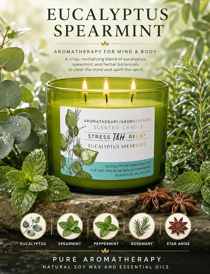 Eucalyptus Spearmint Scented Candle | 15.8 oz Large 3 Wick Soy Candle | Soothing Aromatherapy Candle for Home | Fresh Mint Spa Scent | Long Lasting Clean Burn | Relaxation & Yoga Gift for Women & Men