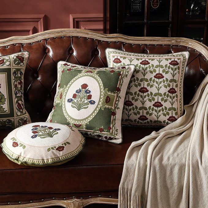 Elegant French Linen Throw Pillow Cover,Set of 2,18"x18"-Estonia B | Designer Vintage Square Pillow Cover,Concealed Zipper Design,Floral Pattern,Sofas,Bedroom,Living Room,Lounge Chairs