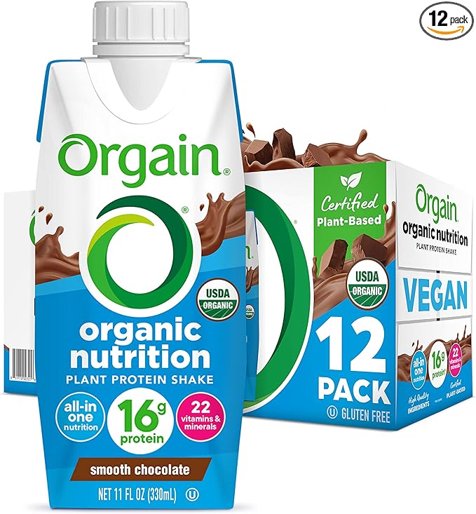 Orgain Organic Nutritional Vegan Protein Shake, Smooth Chocolate - 16g Plant Based Protein, Meal Replacement, 22 Vitamins & Minerals, Fruits & Vegetables, Gluten Free, Non-GMO, 11 Fl Oz (Pack of 12)