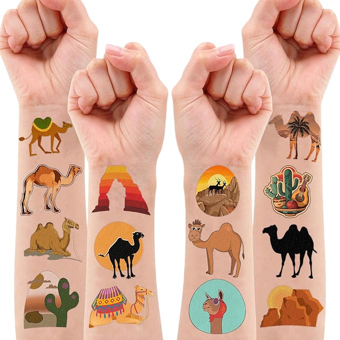 Desert Temporary Tattoos Camel Party Decorations Favors Supplies Summer Themed Cute Stickers 10 Sheets 100 PCS Gifts for Baby Girls Boys Class School Carnival