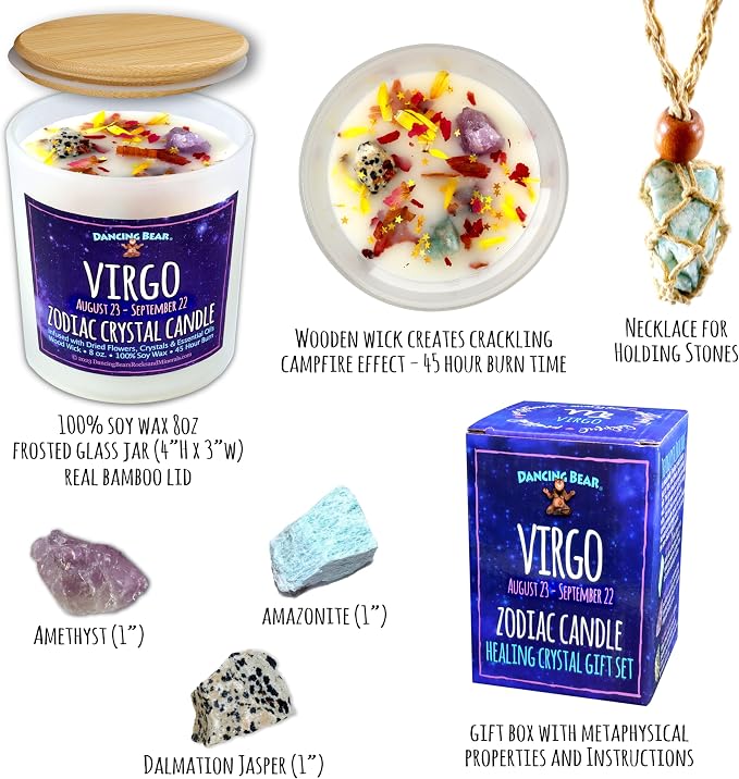 DANCING BEAR Virgo Zodiac Candle Gift Box Set with 3 Healing Crystals & Stone Holder Necklace, August September Birthdays, Scented Soy Wax, Crackling Wood Wick, 45 Hour Burn Time