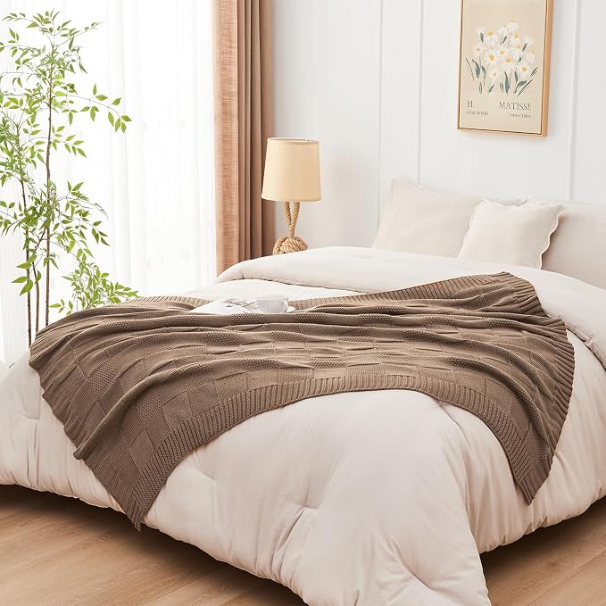 CozeCube Light Brown Knitted Checkered Throw Blanket 50"X60" | Check Knit Throw for Couch, Decorative Christmas Soft Cozy Warm Blanket for Bed Sofa Living Room