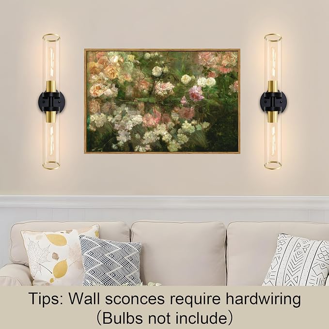 Wall Sconces Set of Two, Black and Gold Bathroom Wall Sconces with Clear Glass,Hardwired Modern Sconces Wall Decor Set of 2 Wall Light for Bathroom Mirror Bedroom Living Room Hallway Vanity