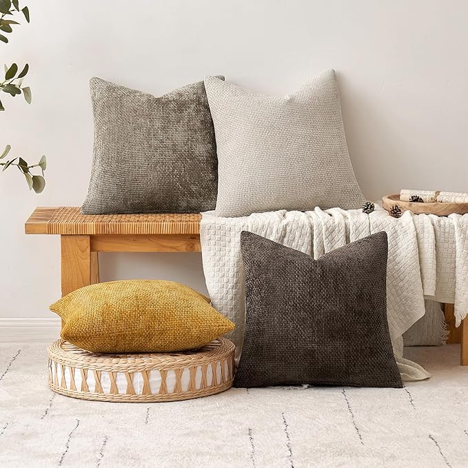 MIULEE Decorative Couch Throw Pillow Covers 18x18 in Mustard Yellow 2 Pack | Modern Boho Accent, Soft Chenille Pillow Covers, Farmhouse Cushion Cases for Home Decor Bed Sofa Living Room