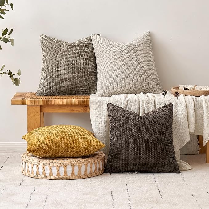 MIULEE Decorative Couch Throw Pillow Covers 16x16 in Mustard Yellow 2 Pack | Modern Boho Accent, Soft Chenille Pillow Covers, Farmhouse Cushion Cases for Home Decor Bed Sofa Living Room