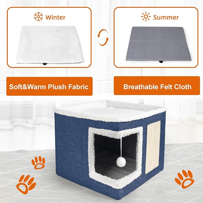 Loyareal Cat Houses for Indoor Cats - Large Cat Bed Cave with Scratch Pad and Fluffy Ball, Foldable Cat Condo Hideaway with Reversible Cushion for Multi Small Pet, Navy Blue