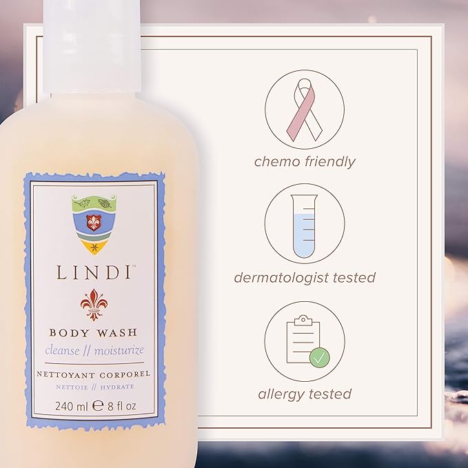 Lindi Skin Body Wash for Dry, Itchy & Sensitive Skin - Gentle, Non-Foaming Formula That Hydrates and Refreshes Your Body and Scalp - Relieves Painful Effects of Radiation Burn & Chemo Rash (8 fl oz)