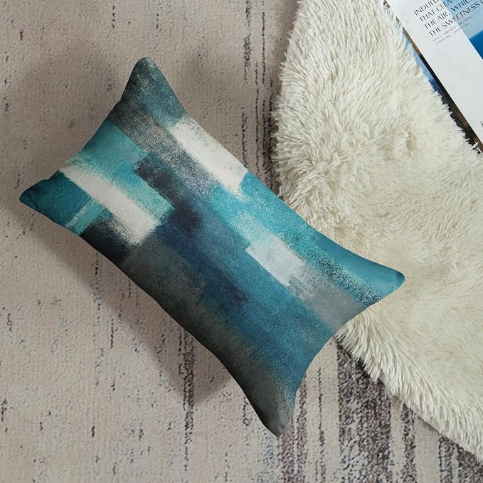 Throw Pillow Covers Set of 2, 12 x 20 Inch, Teal Peacock Blue | Abstract Modern Art Outdoor Decorative Square Pillow Cases Couch Cushion Case for Couch Bed Sofa Living Room Home Decor