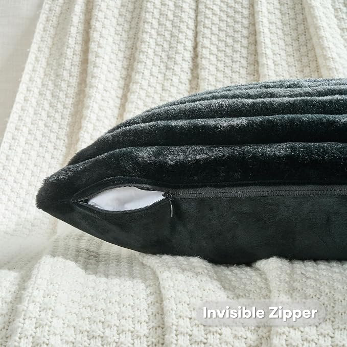 FUTEI Pack of 2 Faux Fur Throw Pillow Covers 22x22 Inch, Black | Fluffy Faux Rabbit Fur Front/Premium Velvet Back,Hidden Zipper,Machine Washable,Non-Shedding,Colorfast,Insert Not Included.