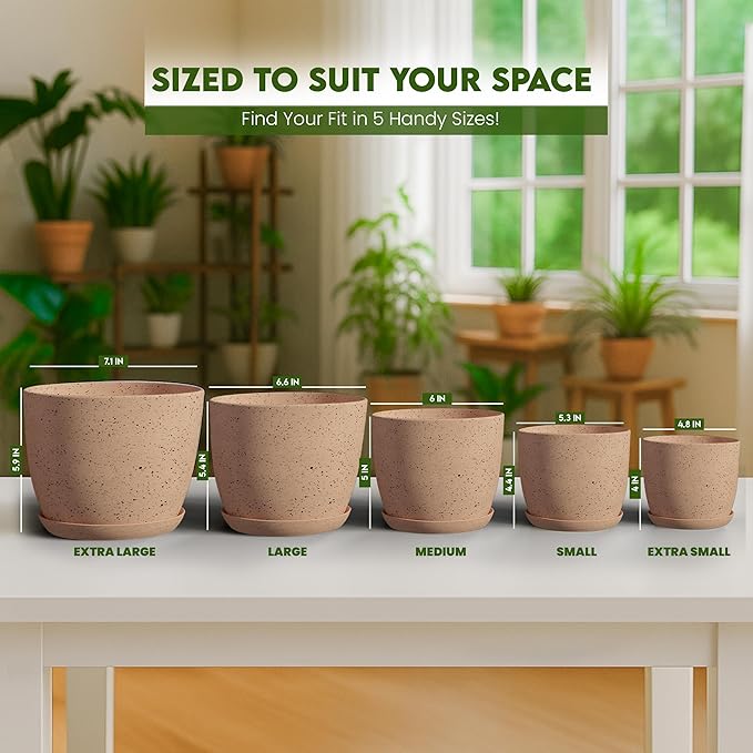 Plant Pots Indoor with Drainage 5 Pack Multisize Planters Spotty Peach Pink | Drainage holes included Multiple sizes 7/6.6/6/5.3/4.8 In Indoor plants and flowers Durable plastic construction