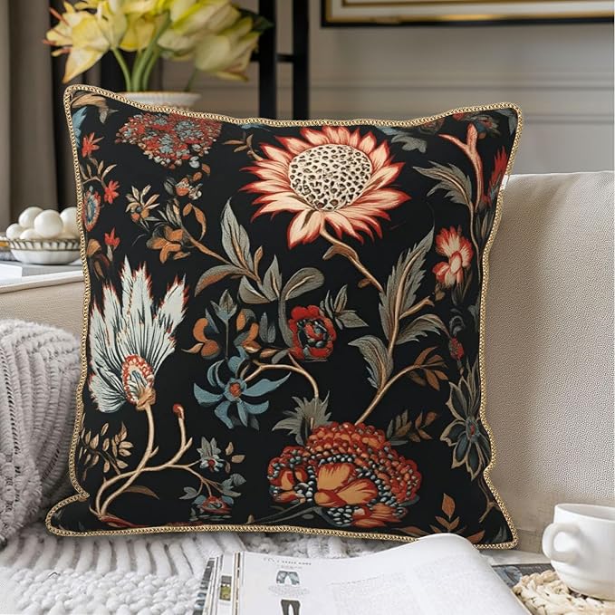 Vintage Red Orange Blue Floral Velvet Pillow Covers 16x16 Inch Retro Abstract Boho Flowers Throw Pillows For Couch Cushion Covers Pillowcase Bohemian Farmhouse Pillow Cases for Sofa Bed Bedroom