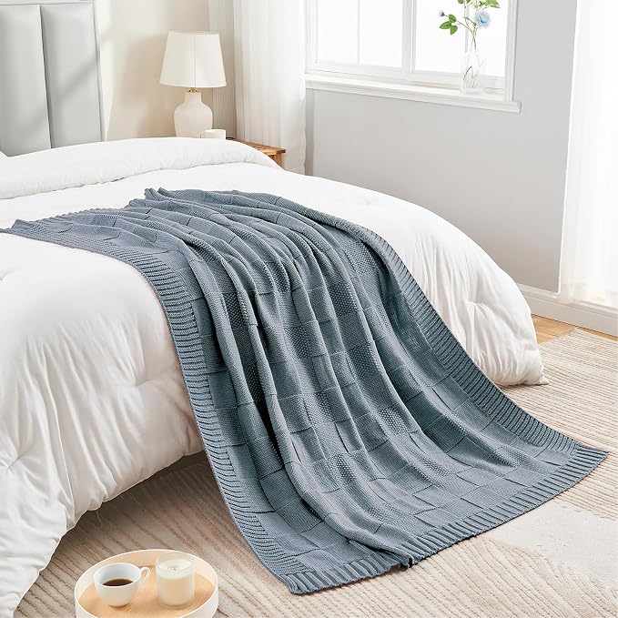 CozeCube Dusty Blue Knitted Checkered Throw Blanket 60"X80" | Check Knit Throw for Couch, Decorative Christmas Soft Cozy Warm Blanket for Bed Sofa Living Room