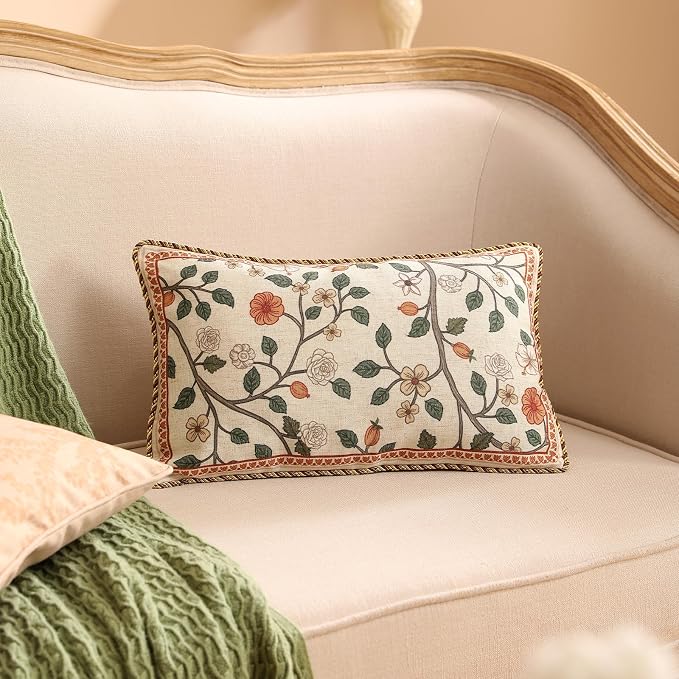 Designer Elegant Linen Throw Pillow Cover,Set of 2,20"x12"-Flora A | French Rectangle Decor Pillow Cover,Concealed Zipper Design,Floral Pattern,Sofa,Bedroom,Living Room,Lounge Chairs