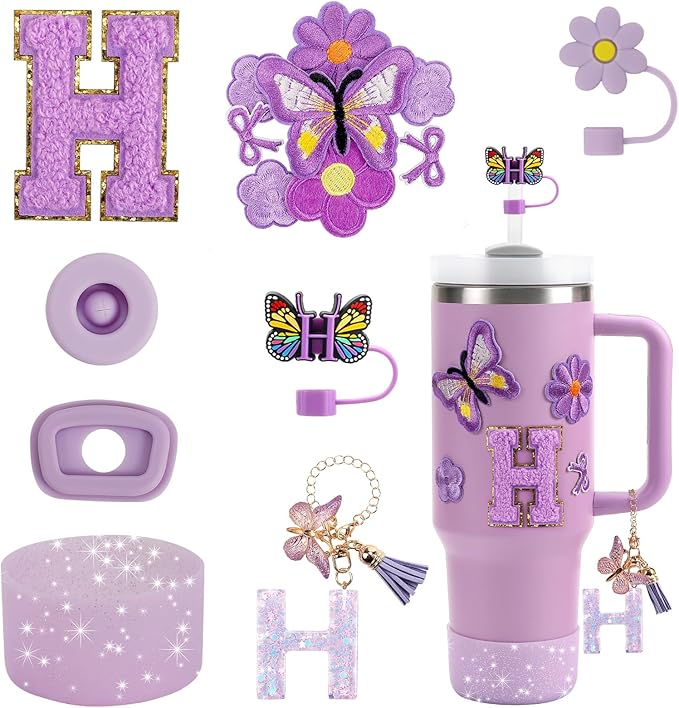 15PCS Cup Accessories Set for Stanley Cup 30oz 40oz Tumbler with Handle, Including Silicone Straw Cover and Boot, Spill Proof Stopper, Stanley Charms, Handle Charm, Initials Sticker
