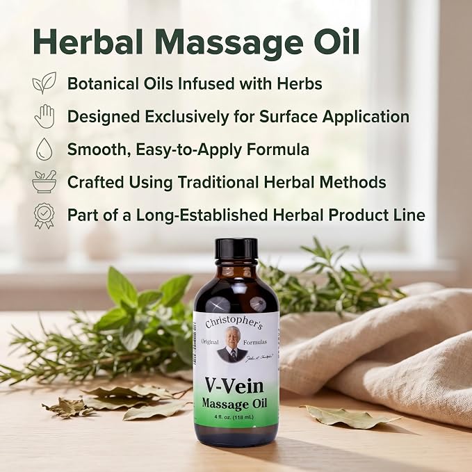 Christopher’s Original Formulas V-Vein Massage Oil, 4 fl oz | Herbal Topical Blend for Skin and Massage Care
