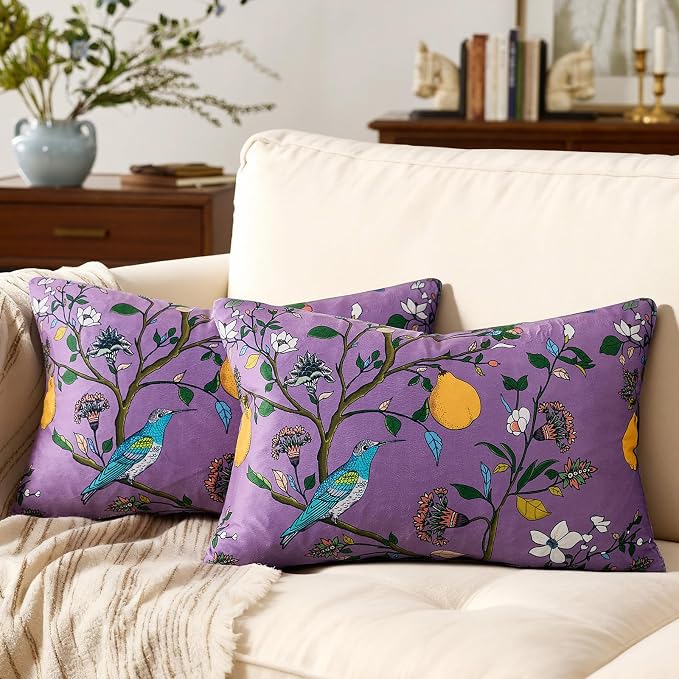 Plum Purple Velvet Floral Decorative 12x20 Lumbar Pillow Covers Set of 2 | Durable and Sturdy,Botanical Printed Pattern,Throw Pillows Case,Rectangle,Colorful Farmhouse,Home Sofa Bed Couch Decor
