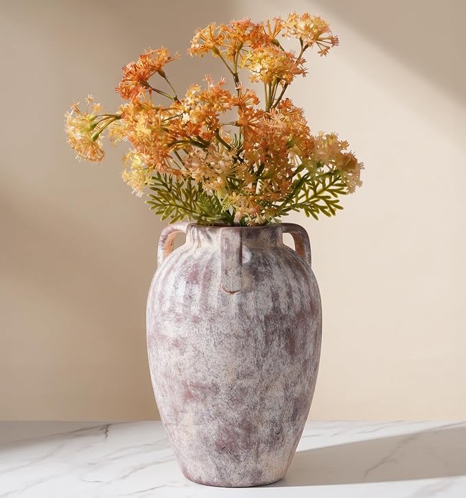 Ceramic Flower Vase with Handles, 8.86 inch Tall Ceramic Vase Home Decor Vintage Terracotta Rustic Unique Vase for Bouquet Pottery Barn Decor Large Vases Living Room Bathroom Modern Farmhouse