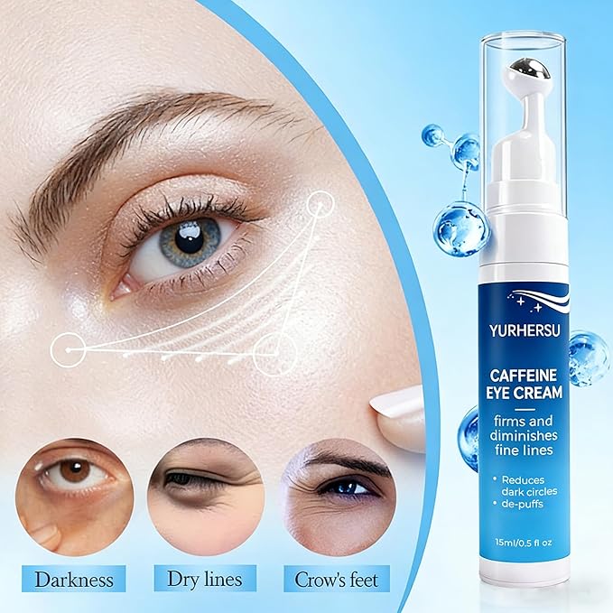 Caffeine Eye Cream with 360° Roller, Depuffing Serum with Caffeine, Collagen, Hyaluronic acid, Hydrating Under Eye Cream Firming Gel Reduce Puffiness, Dark Circle, Fine Lines & Bags, 0.5 Oz
