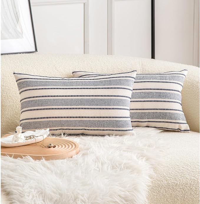 Cethom Decorative Boho Lumbar Throw Pillow Covers, Farmhouse Textured Pillow Case, 12 x 20 Inch Set of 2, Chair Sofa Bedroom Living Room Decor Couch Cushion Case, Navy Blue and Beige
