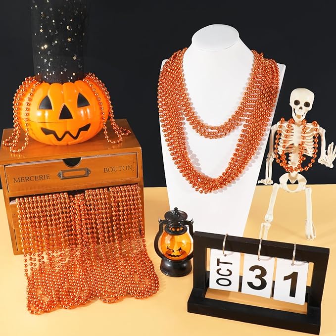 SHAOQINLIN 12 PCS Orange Bead Necklaces, Orange Mardi Gras Beads, Halloween Necklaces, 33 Inch Party Beads Necklace Round Beaded Necklace for Mardi Gras, Christmas, Halloween