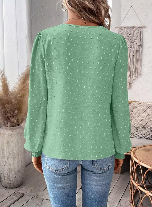 Womens Tops Swiss Dot Boho Long Sleeve Shirts V Neck Casual Chiffon Blouses Flowy Lace Hem Cute Clothing Trendy 2026
