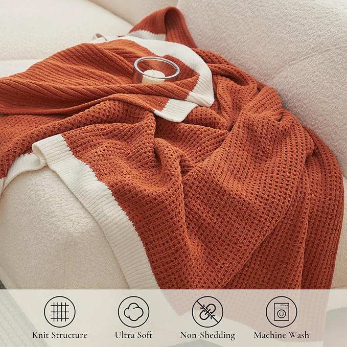 Chenille Throw Blanket, Soft Cozy Waffle Throw for Couch & Sofa, Warm Yet Lightweight, Breathable All-Season Throws for Women Men, Housewarming, Birthdays, 50"x60", Orange