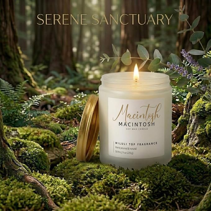 Macintosh Scented Candles for Home - 15% Essential Oil Luxury Aromatherapy - Handmade Natural Soy Wax Candle for Stress Relief & Relaxation - 9oz Frosted White Jar, 50H Clean & Non-Toxic Burn