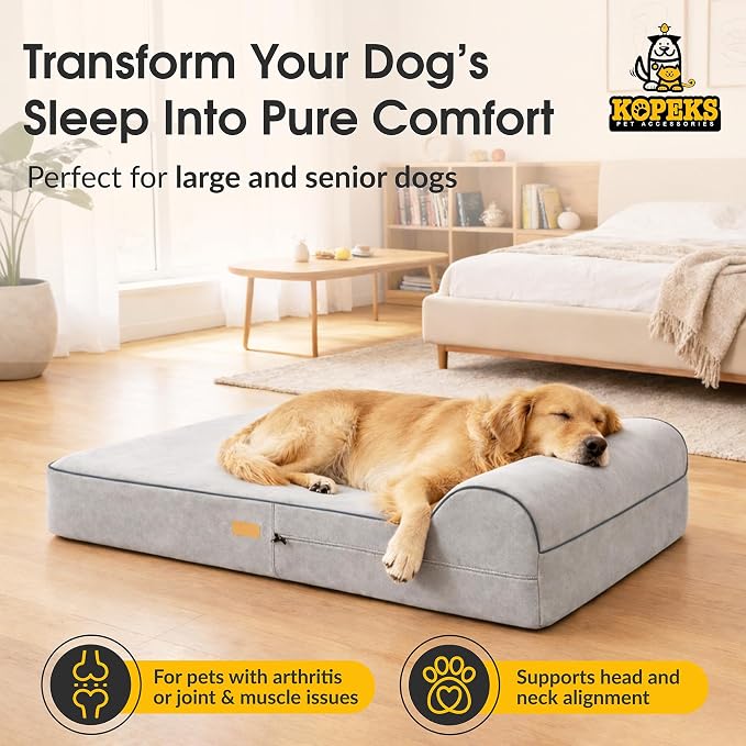 Orthopedic Memory Foam Dog Bed 7" Inch Thick Extra Large Dog Bed With Pillow Grey 50"x34"x10" Includes Waterproof Liner & Durable Removable Cover With Smart Design