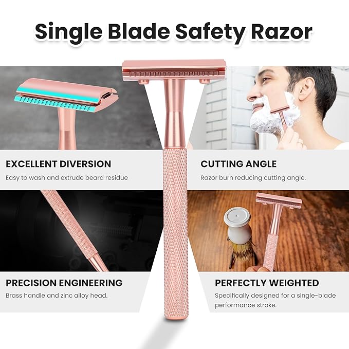 Keropy Single Blade Razor For Women With 10 Premium Stainless Steel Reusable Safety Razor Blade, Woman One Blade Razor, Rose Gold