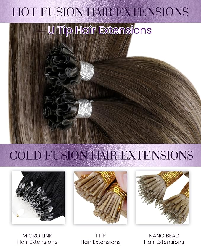 LaaVoo U Tip Hair Extensions Human Hair Balayage K Tip Hair Extensions Real Human Hair Dark Brown Ombre Ash Brown 50g 50s 14inch