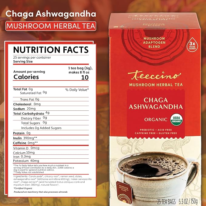 Teeccino Chaga Ashwagandha Tea - Butterscotch Cream - Organic Mushroom Adaptogenic Herbal Tea, 3x More Herbs than Regular Tea Bags, Prebiotic, Caffeine Free, Gluten Free - 25 TeaBags