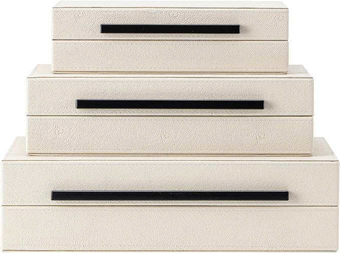 XIGEXIGE Set of 3 Beige Shagreen Decorative Storage Boxes with Black Metal Handles –Faux Leather Large Modern Stackable Nesting Jewelry Box with Lids Organizer