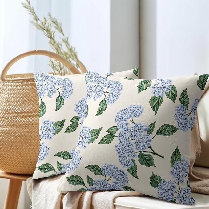 Square Blue Hydrangea Flower Pillow Covers 24x24 Inch Set of 2 Spring Blue Floral Cornflower Throw Pillow Cases Outdoor Linen Square Cushion Cover Farmhouse Decor for Bedroom Home Sofa Couch Bed