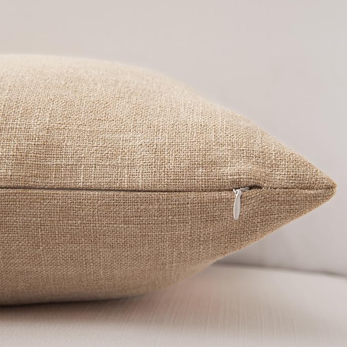 Meekio Set of 2 Tan Pillow Covers 20 x 20 Inch Farmhouse Boho Decorative Throw Pillow Covers Linen Cushion Covers for Sofa Couch Décor